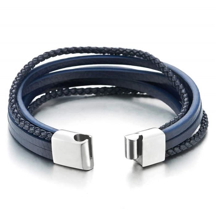 Bracelet cuir tressé pour homme 2 lanières bleu et gris fermoir