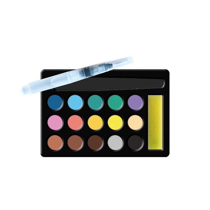 Janod – 4 Tableaux Aquarelle Pailletés – Thème Magie – Pinceau Réservoir, 15 Couleurs – Dès 7 Ans – Kit Créatif