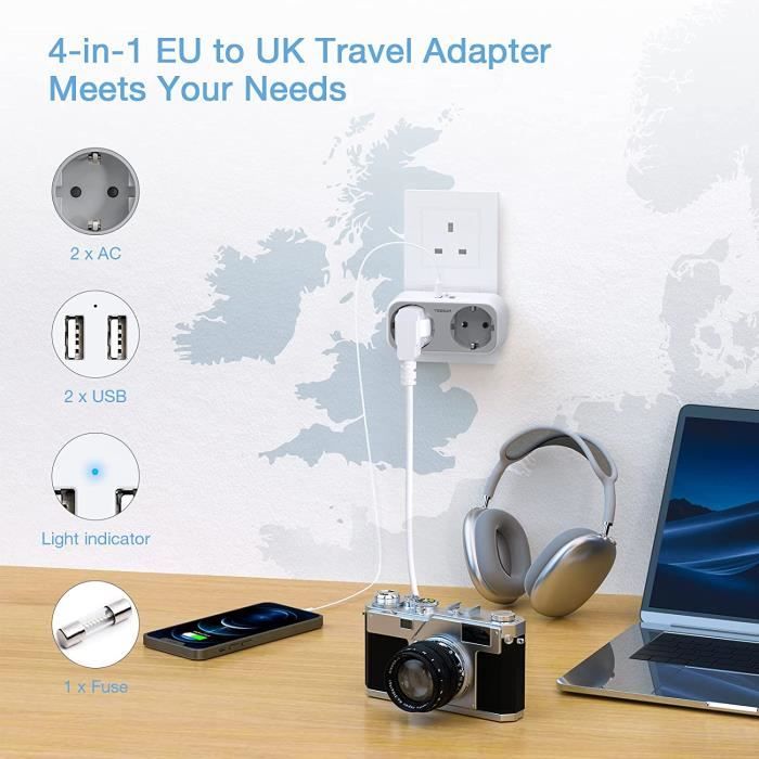 TESSAN 5 en 1 Adaptateur Prise UK Prise Anglaise Adaptateur Francais,  Adaptateur UK avec 3 Prises et 2 USB, Adaptateur Prise France vers UK pour  Irlande Dubai Maldives, Prise UK, Type G