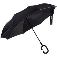 Parapluie Inverse Canne Noir Double Couche Mains Libres Poignée C Anti UV Anti-Vent Anti-Retournement Bande Lumineuse