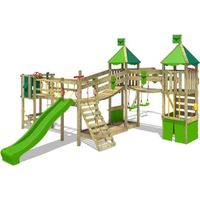 FATMOOSE Aire de jeux Portique bois FunnyFortress avec balançoire et toboggan vert pomme Maison enfant exterieur avec bac à sable