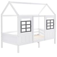 Lit cabane enfant Fortuna Lai,90x200cm,avec barrière de protection,fille,garcon,cadre en bois massif,blanc,avec 2 fenêtre