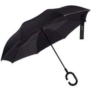 PARAPLUIE Parapluie Inverse Canne Noir Double Couche Mains Libres Poignée C Anti UV Anti-Vent Anti-Retournement Bande Lumineuse
