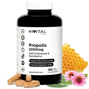 COMPLEMENTS ALIMENTAIRES - VITALITE Propolis 2000 mg avec Echinacea et Eucalyptus. 180 gélules végétaliennes pour 6 mois de traitement. 