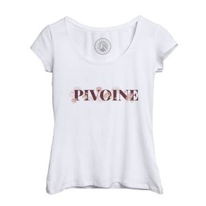 T-SHIRT T-shirt Femme Col Echancré Blanc Pivoine Fleurs Minimaliste Chic Jardin Amour