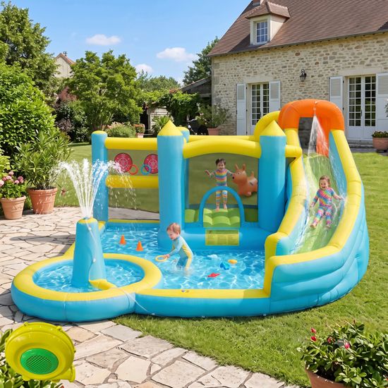 Château Gonflable Aquatique Géant 433x375x165 Cm – Toboggan, Piscine, Pistolets à Eau, Basket, Trampoline, Escalade – Avec Gonfleur 450W – Pour 3-10 Ans, Max 4 Enfants