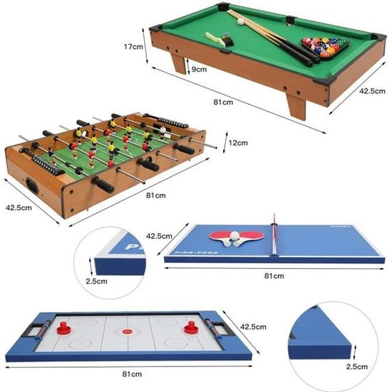 Multi-Jeux Baby-foot 4 en 1 - Football -Tennis de Table - Hockey - Billard Table