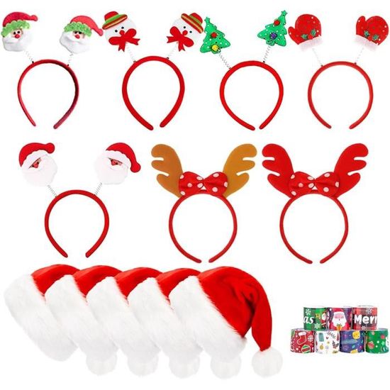 6 Pièces Bandeaux Noël Thème Festif - Serre-Tête Enfant & Adulte, Cerceaux Cheveux Elfes, Chapeaux Père Noël, Canne Sucre