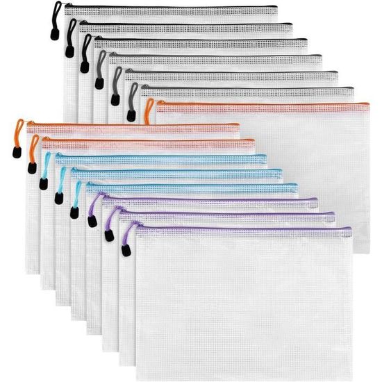 Lot De 24 Pochettes Plastique A4 Épaisses à Fermeture Éclair - Multicolores Imperméables