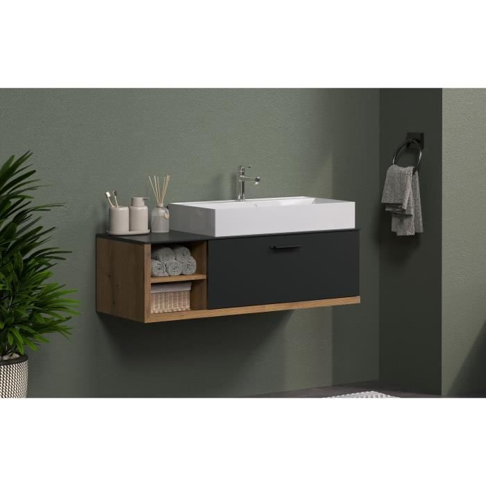 Meuble avec vasque suspendu - SYNNAX - 1 Abattant + 2 Niches - L120 x H48 x P45 cm - Gris et chêne