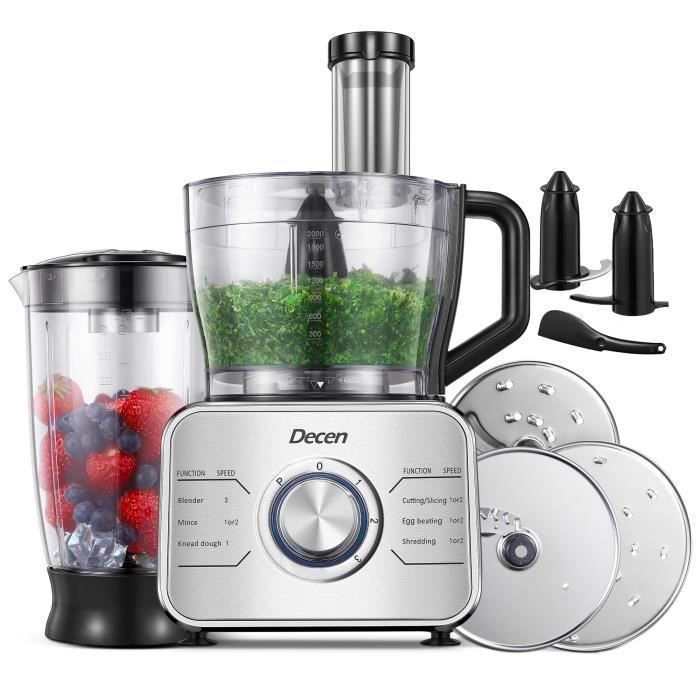Robot Culinaire Multifonction 1100W-Decen-3 Vitesses et Pulse-Robot Menager Cuisine -Inclus Crochet Pétrisseur, Mixeur, Hachoir