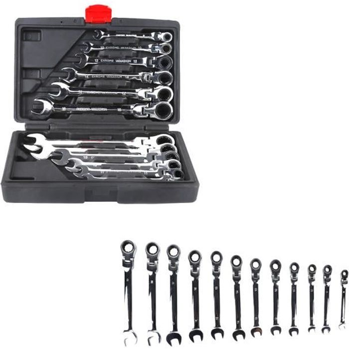 Coffret de 12 Pcs Clé à Cliquet Métrique 8-19mm Dent Clé Mixt Plate à Cliquet Métrique