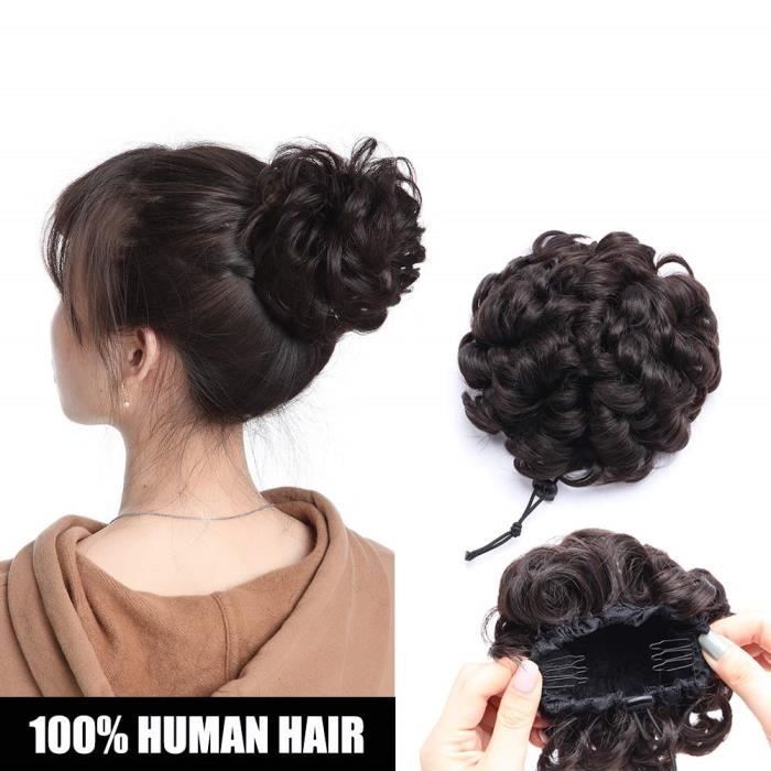 Chignon Cheveux Naturel Extension en 100% Vrai Cheveux Humains Postiche Hair Buns Scrunchie Updo Volumieux Ondulé - #1B NOIR NATU