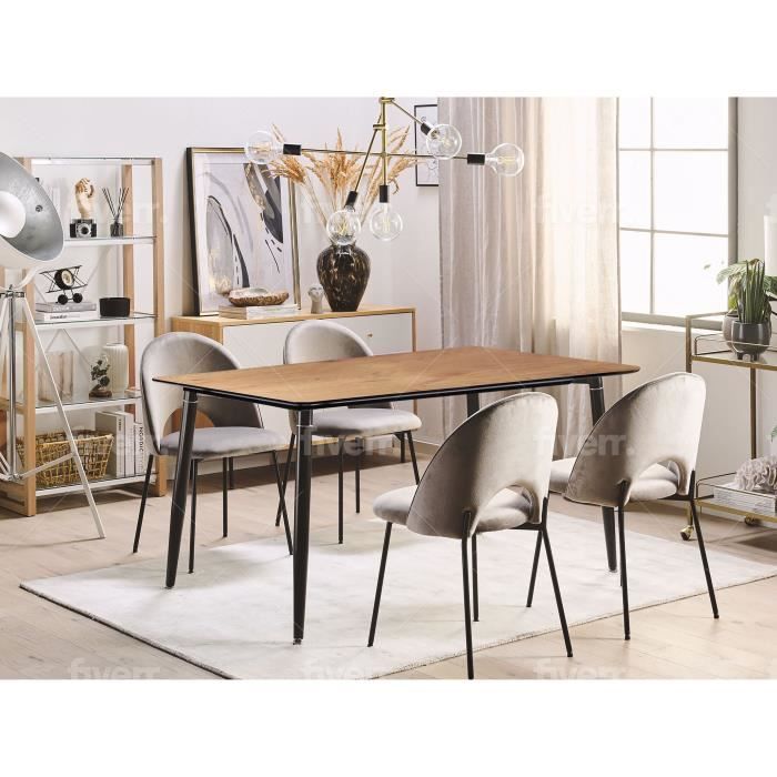 Table à manger Scandinave plateau MDF couleur chêne pieds métalliques noir, 4 à 6 personnes 140x80x78 cm