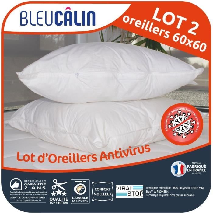 BLEU CALIN Lot de 2 Oreillers 60x60cm Antivirus - Blanc