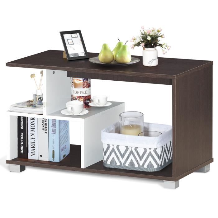 COSTWAY Table Basse avec 3 Etagères de Rangement de Style Moderne 80 × 40 ×48 CM en Couleur Marron et Blanc