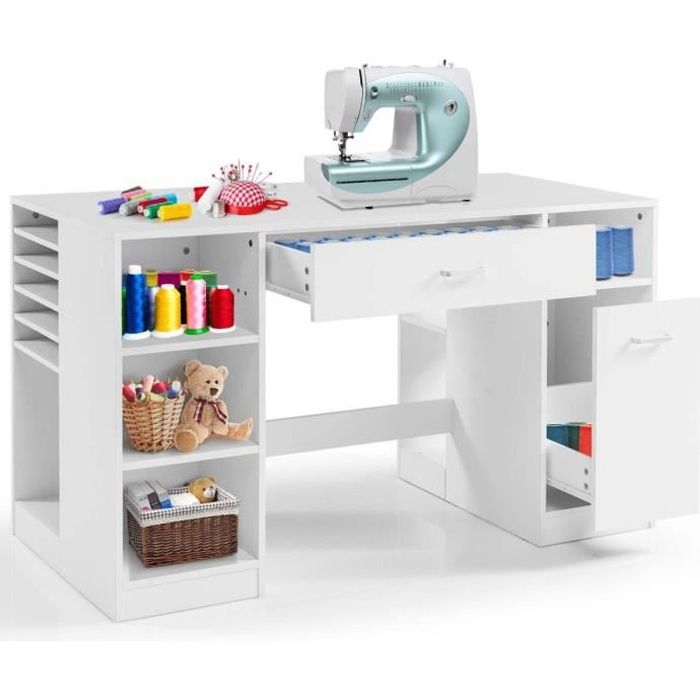 COSTWAY Table de Couture avec 12 Etagères et 2 Tiroirs Grande Table de Coupe pour Artisanat Blanc
