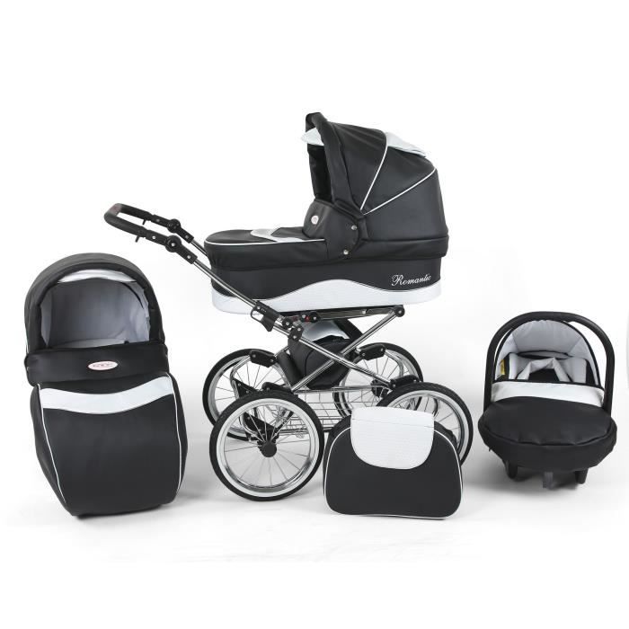 Poussette / Landau combiné 3en1 multifonctions siège-auto & équipement bébé enfant 0-36m Cuir ECO Cadre chromé Romantic Classic -