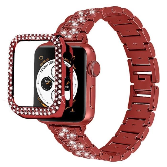 3 Perles Strasscor Sangle Montre + Bracelet Couverture Montre Pour Apple Watch Series 1-2-3 42Mm - Rouge