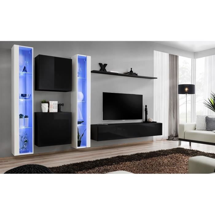 Ensemble meuble salon mural SWITCH XVI design, coloris noir et blanc brillant. 40 Noir