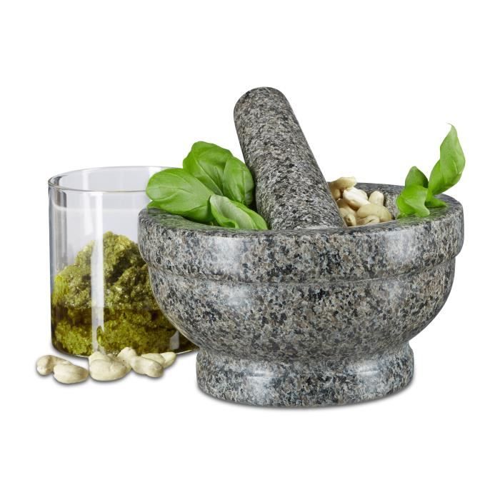 Relaxdays Mortier et Pilon en Granit Poli Pierre Naturelle 17 cm diamètre pour épices Cuisine, Gris