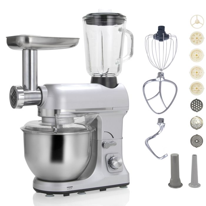 Robot multifonctions 5l 1000w silver avec hachoir et blender 1,5l en verre - robimix silver
