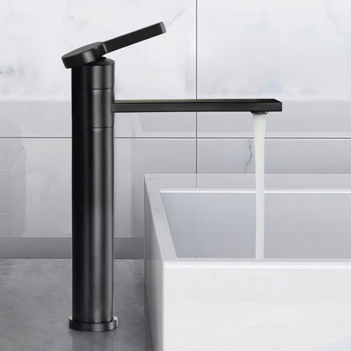 Mitigeur Lavabo Carré Brossé Argent – Robinet Haute Sortie Courbe 1 Trou