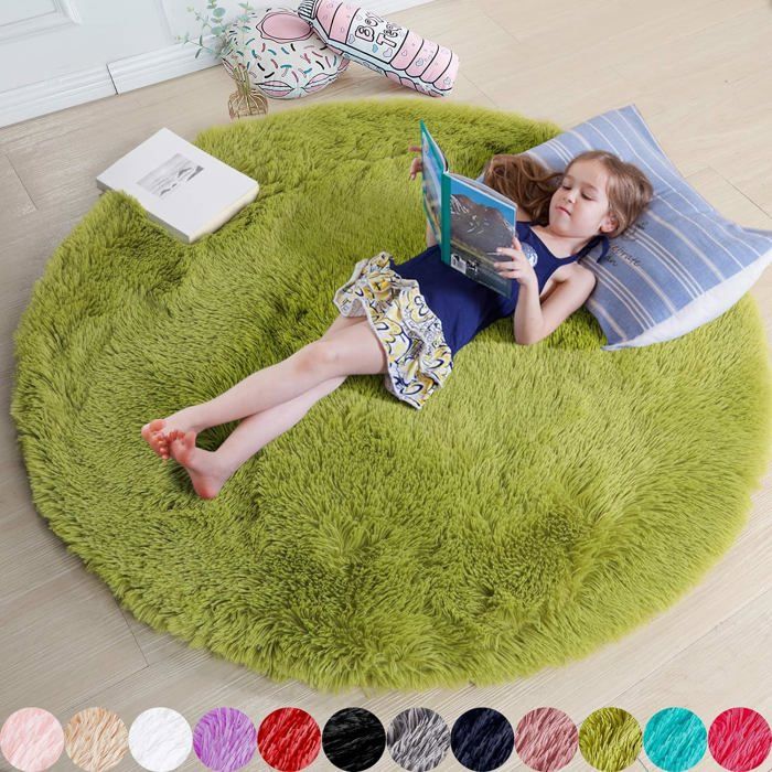 Tapis Rond Vert Lavable 200cm - Décoration Salon Chambre Avec Motif Demi-cercle Poil Ras