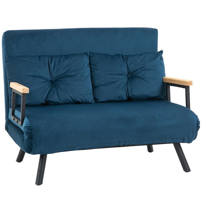 Canapé convertible HOMCOM 2 places avec dossier réglable à 5 niveaux et 2 coussins rembourrés revêtement effet velours bleu