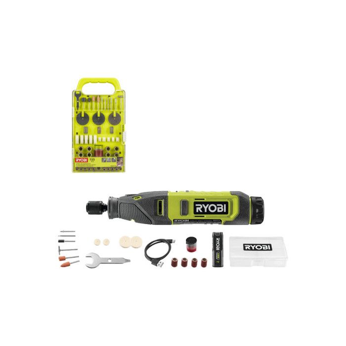 Pack RYOBI Mini outil multifonction RRT4 120GA15 4V 1 Batterie 2.0Ah 1 Câble USB C 15 Accessoires Kit de 155 accessoire