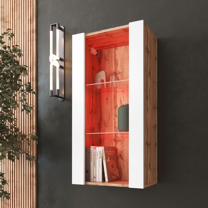 Vitrine Murale Komodee TIVOLI - LED RVB - Blanc et Bois naturel - Facades en Mat - 50 x 100 x 29 cm