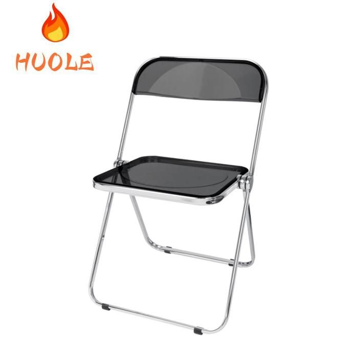 Chaise pliante en acrylique noire empilable et élégante sans accoudoirs pour la salle à manger ou le salon.