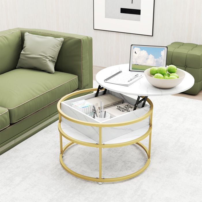 COSTWAY Table Basse à Plateau Relevable Table Centrale Ronde 80 cm à 2 Niveaux Compartiment Caché et Étagères Latérales Blanc COSTWAY Table Basse à Plateau Relevable Table Centrale Ronde 80 cm à 2 Niveaux Compartiment Caché et Étagères Latérales Blanc
