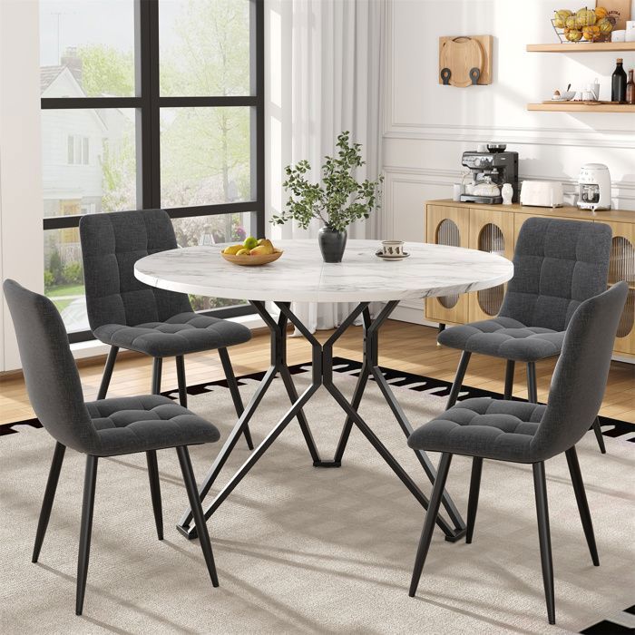 Ensemble Table à Manger avec 4 Chaises - Table de Cuisine Ronde de 100cm - Chaises de Salle à Manger en Vvelours Gris