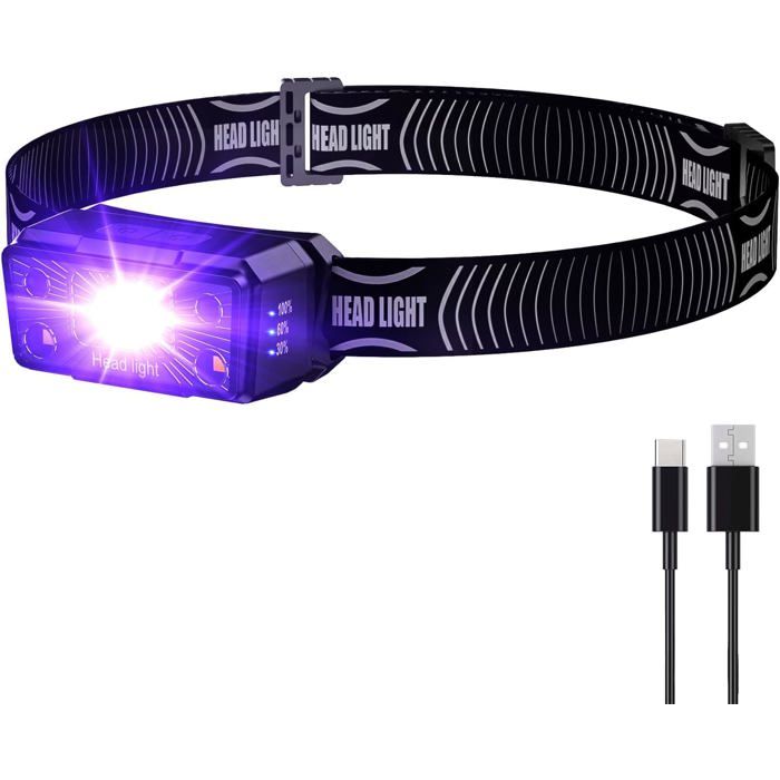 Lampe Frontale UV à lumière Noire Rechargeable 395 nm avec lumière Blanche et ultraviolette détecteur pour Taches durine