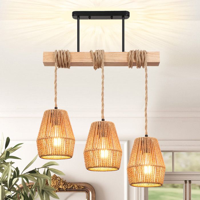 Lapamax Lampe Suspension Vintage Industriel Lustre en Bois Rotin E27 Luminaire Eclairage Design Cage Rétro pour Cuisine Salon