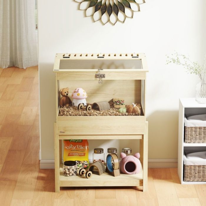 Meilleurs prix pour Cage hamster 2 niveaux grande 832x50x103 cm bois naturel avec couvercle rabattable pour rongeurs et petits animaux