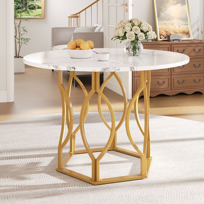Table à Manger 100 x 100 x 76 cm table ronde format 4 personnes plateau effet marbre pieds dorés pieds en métal