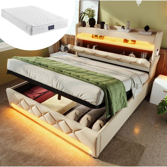 Lit coffre 160 x 200 EVRYAE avec matelas tete de lit rangement USB et USB-C LED 360 degres beige lin