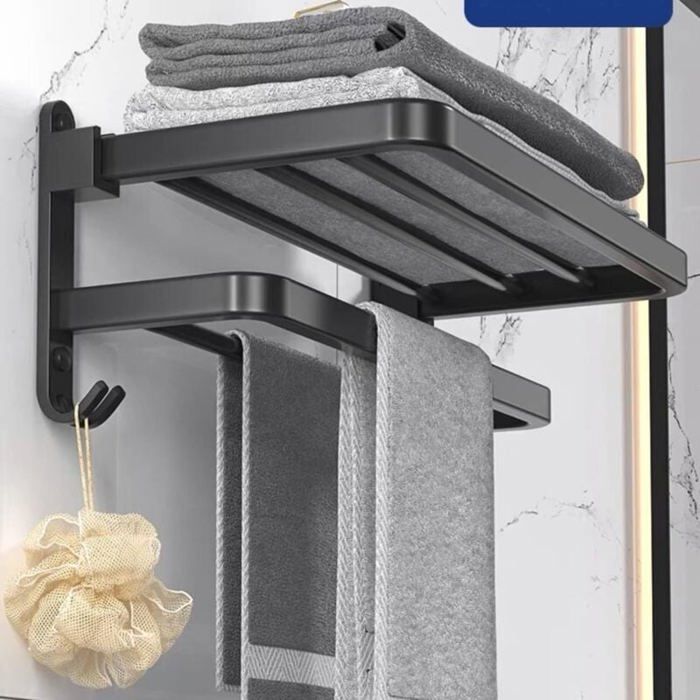 60cm Porte-Serviettes de Bain Pliable Serviette Étagère Salle de Bain avec Porte-Serviettes Étagère Murale Support de Servi