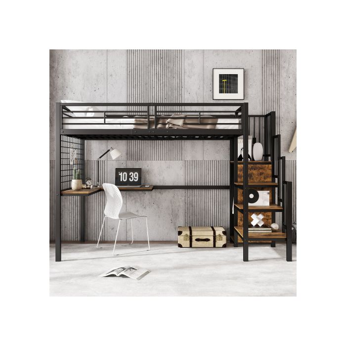 lit mezzanine - avec table et armoire Lit en fer échelle latérale avec main courante noir + couleur bois foncé 90x200cm