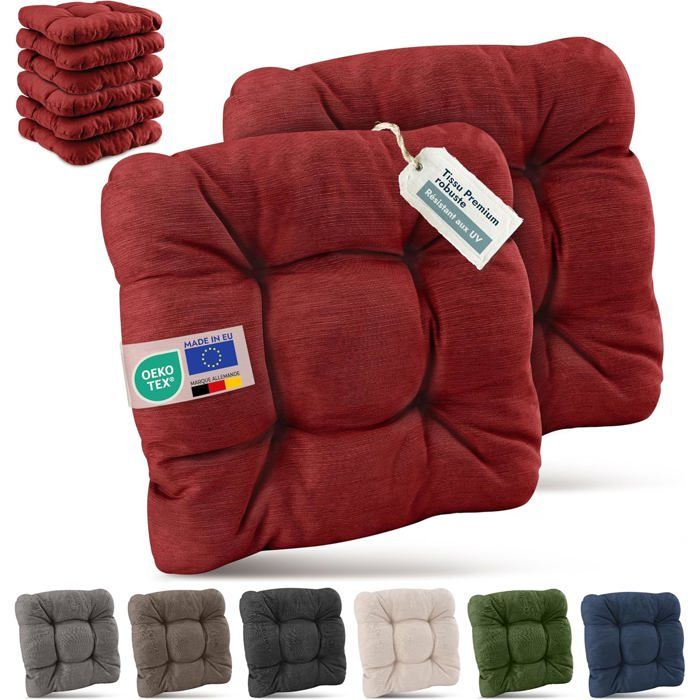 Beautissu Premium Set de 8 Galette Chaise Jardin Extérieur 40x40 cm Rouge – 8 cm Épaisseur – HighLux SK