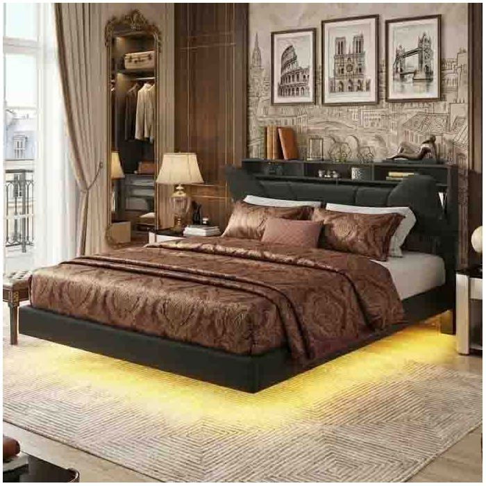 Lit Coffre 160x200cm - Effet Flottant - LED & App & Prises EU - Rangement Tête de Lit - PU Noir