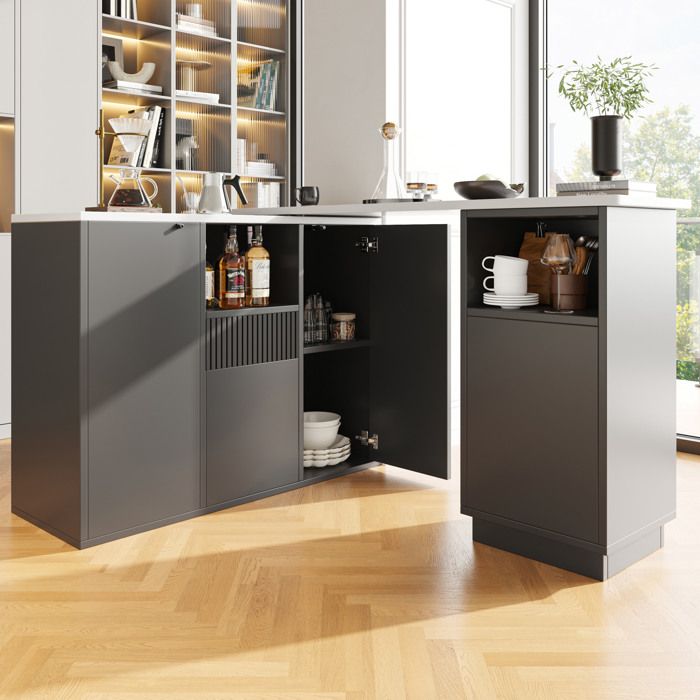 Bar pivotant noir L 210 x P 30 x H 1009 cm plateau MDF effet marbre rangement montage nécessaire