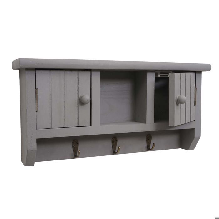 Porte cles meuble d entree mural avec portes et etagere en bois massif gris 04_0002453