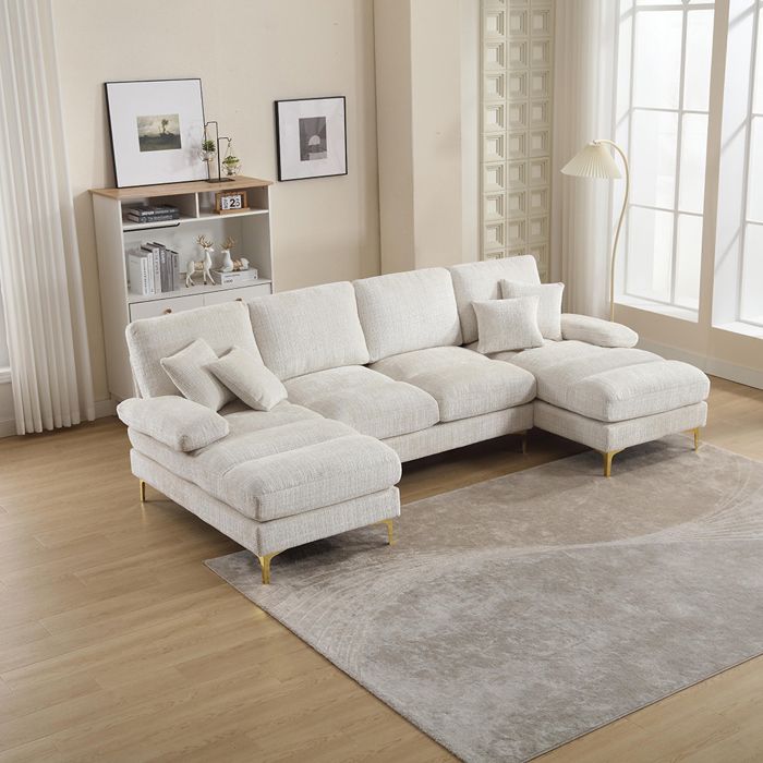 Canapé dangle - MINIMAL - Modèle U 272x136x88 - 2 sièges inclinables - Beige - Pieds métalliques dorés Canapé dangle - MINIMAL - Modèle U 272x136x88 - 2 sièges inclinables - Beige - Pieds métalliques dorés