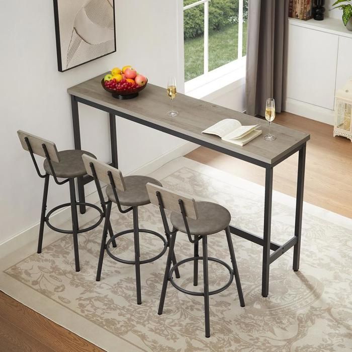 Longue table de bar avec 3 chaise rembourrés en PU Table et chaises de bar au style industriel Gris rustique et noir