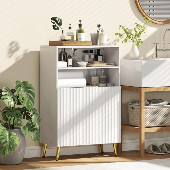 Meuble de salle de bain commode pour salon portes à fermeture amortie 2 étagères ouvertes MDF blanc