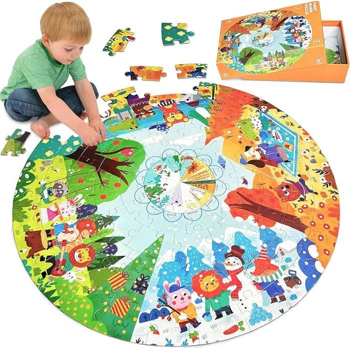 Puzzle enfant 88 pièces, Animaux de la Forêt Quatre Saisons, grand rond 53x53cm, jeu éducatif
