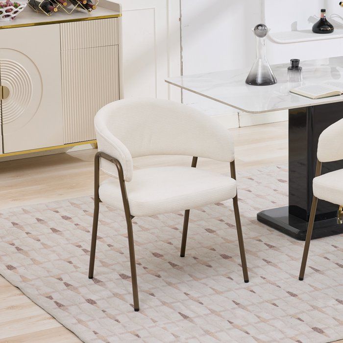 Chaise de salle à manger en chenille avec accoudoirs pieds métal laiton antique pack 1 beige